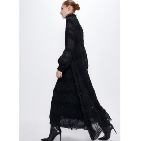 ZARA BLACK RUCHED SEQUIN HIGH NECK LONG SLEEVE MAXI DRESS S NWT - Picture 2 of 13